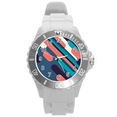 Blue Geometric Background, Abstract Lines Background Round Plastic Sport Watch (l) by nateshop