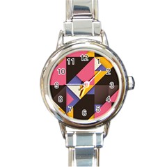 Retro Colorful Background, Geometric Abstraction Round Italian Charm Watch by nateshop