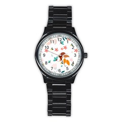 Flowers Leaves Background Floral Stainless Steel Round Watch by Grandong