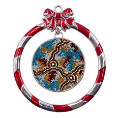 Authentic Aboriginal Art - Wetland Dreaming Metal Red Ribbon Round Ornament