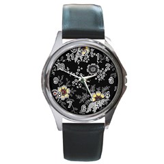 Black Background With Gray Flowers, Floral Black Texture Round Metal Watch by nateshop