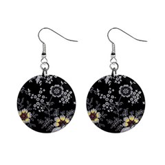 Black Background With Gray Flowers, Floral Black Texture Mini Button Earrings