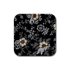 Black Background With Gray Flowers, Floral Black Texture Rubber Coaster (square) by nateshop