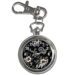 Black Background With Gray Flowers, Floral Black Texture Key Chain Watches by nateshop