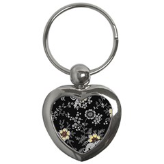 Black Background With Gray Flowers, Floral Black Texture Key Chain (heart)