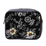 Black Background With Gray Flowers, Floral Black Texture Mini Toiletries Bag (Two Sides) Front