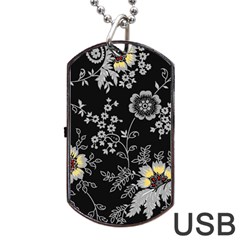 Black Background With Gray Flowers, Floral Black Texture Dog Tag Usb Flash (one Side) by nateshop