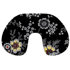 Black Background With Gray Flowers, Floral Black Texture Travel Neck Pillow by nateshop