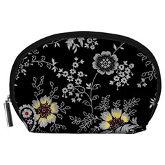 Black Background With Gray Flowers, Floral Black Texture Accessory Pouch (large) by nateshop