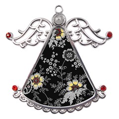 Black Background With Gray Flowers, Floral Black Texture Metal Angel With Crystal Ornament by nateshop
