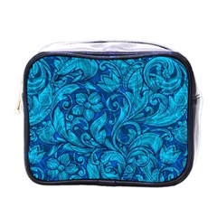 Blue Floral Pattern Texture, Floral Ornaments Texture Mini Toiletries Bag (one Side) by nateshop