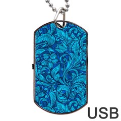 Blue Floral Pattern Texture, Floral Ornaments Texture Dog Tag Usb Flash (two Sides) by nateshop