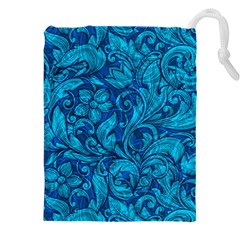 Blue Floral Pattern Texture, Floral Ornaments Texture Drawstring Pouch (5xl) by nateshop