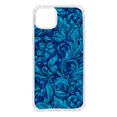 Blue Floral Pattern Texture, Floral Ornaments Texture Iphone 14 Plus Tpu Uv Print Case by nateshop