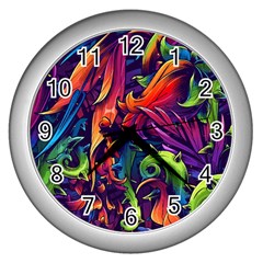 Colorful Floral Patterns, Abstract Floral Background Wall Clock (silver) by nateshop