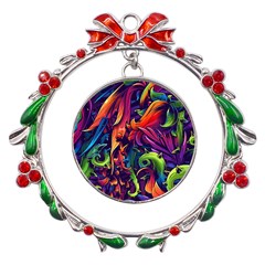 Colorful Floral Patterns, Abstract Floral Background Metal X mas Wreath Ribbon Ornament