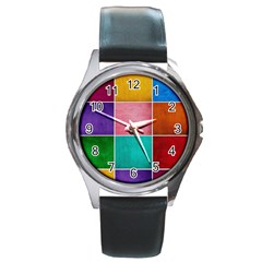 Colorful Squares, Abstract, Art, Background Round Metal Watch by nateshop