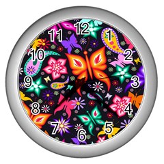 Floral Butterflies Wall Clock (silver) by nateshop