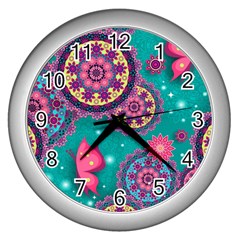 Floral Pattern, Abstract, Colorful, Flow Wall Clock (silver) by nateshop