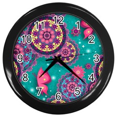 Floral Pattern, Abstract, Colorful, Flow Wall Clock (black)