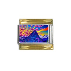 Blue And Purple Mountain Painting Psychedelic Colorful Lines Gold Trim Italian Charm (9mm)