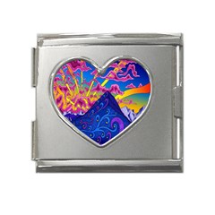 Blue And Purple Mountain Painting Psychedelic Colorful Lines Mega Link Heart Italian Charm (18mm) by Bedest