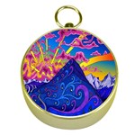 Blue And Purple Mountain Painting Psychedelic Colorful Lines Gold Compasses Front