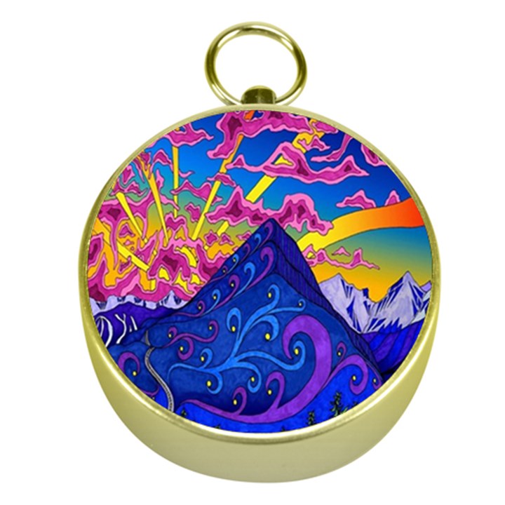 Blue And Purple Mountain Painting Psychedelic Colorful Lines Gold Compasses