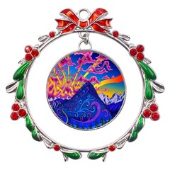 Blue And Purple Mountain Painting Psychedelic Colorful Lines Metal X mas Wreath Ribbon Ornament