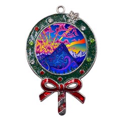 Blue And Purple Mountain Painting Psychedelic Colorful Lines Metal X mas Lollipop With Crystal Ornament