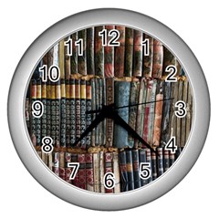 Assorted Title Of Books Piled In The Shelves Assorted Book Lot Inside The Wooden Shelf Wall Clock (Silver)