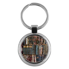 Assorted Title Of Books Piled In The Shelves Assorted Book Lot Inside The Wooden Shelf Key Chain (round) by Bedest