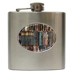 Assorted Title Of Books Piled In The Shelves Assorted Book Lot Inside The Wooden Shelf Hip Flask (6 oz)