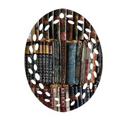 Assorted Title Of Books Piled In The Shelves Assorted Book Lot Inside The Wooden Shelf Oval Filigree Ornament (two Sides) by Bedest