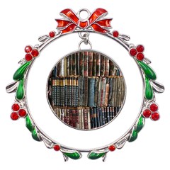 Assorted Title Of Books Piled In The Shelves Assorted Book Lot Inside The Wooden Shelf Metal X mas Wreath Ribbon Ornament
