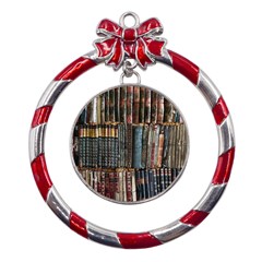 Assorted Title Of Books Piled In The Shelves Assorted Book Lot Inside The Wooden Shelf Metal Red Ribbon Round Ornament by Bedest