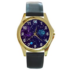 Realistic Night Sky With Constellations Round Gold Metal Watch