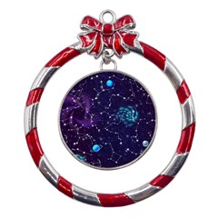 Realistic Night Sky With Constellations Metal Red Ribbon Round Ornament