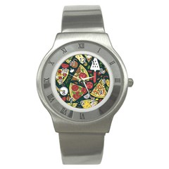 Seamless Pizza Slice Pattern Illustration Great Pizzeria Background Stainless Steel Watch