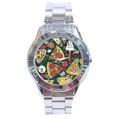 Seamless Pizza Slice Pattern Illustration Great Pizzeria Background Stainless Steel Analogue Watch