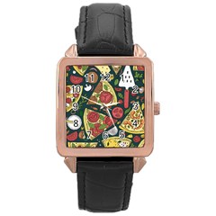 Seamless Pizza Slice Pattern Illustration Great Pizzeria Background Rose Gold Leather Watch 