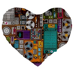 Pattern Design Art Techno  Dj Music Retro Music Device Large 19  Premium Heart Shape Cushions