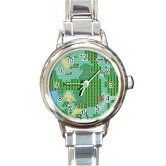 Green Retro Games Pattern Round Italian Charm Watch