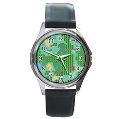 Green Retro Games Pattern Round Metal Watch