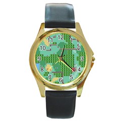 Green Retro Games Pattern Round Gold Metal Watch