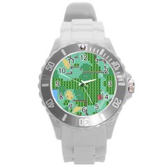 Green Retro Games Pattern Round Plastic Sport Watch (l)