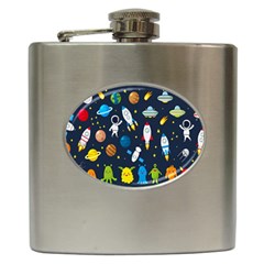 Big Set Cute Astronauts Space Planets Stars Aliens Rockets Ufo Constellations Satellite Moon Rover Hip Flask (6 Oz)