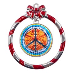 Tie Dye Peace Sign Metal Red Ribbon Round Ornament