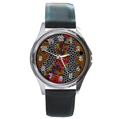 Authentic Aboriginal Art - Gathering 2 Round Metal Watch by hogartharts