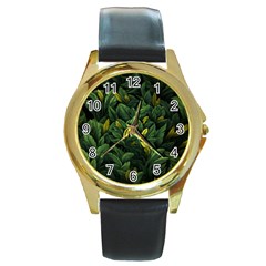 Banana Leaves Round Gold Metal Watch